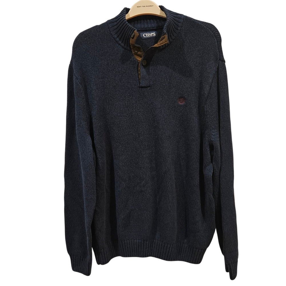 Chaps Mens XXL Navy Blue Cotton Mock Neck Button Sweater Suede Elbow Patches